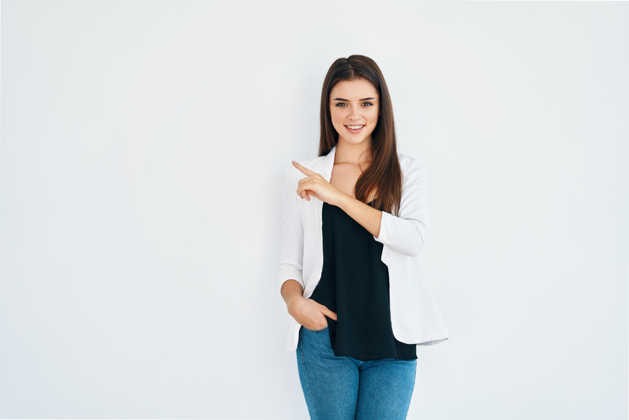 Woman Pointing Her Finger Showing Empty Copy Space